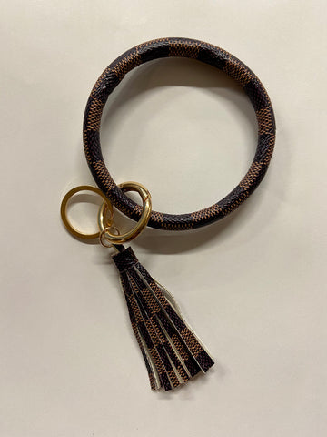 Brown Checkered Leather 'O' Keyring